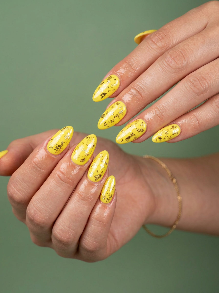 Lemon Zest Foil Flake Nails 2026: Glamorous Vacation Style Lemon zest yellow with gold foil flakes long almond nails, glamorous summer nails yellow 2026 for vacation.