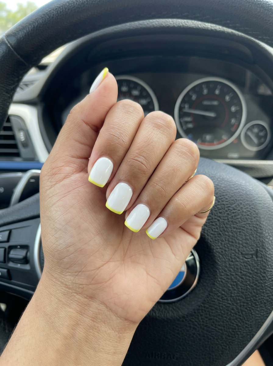 Lemon Zest Micro French Nails 2026: Chic & Casual Lemon zest micro French on short squoval nails, a chic summer nails yellow 2026 for work & daily wear.