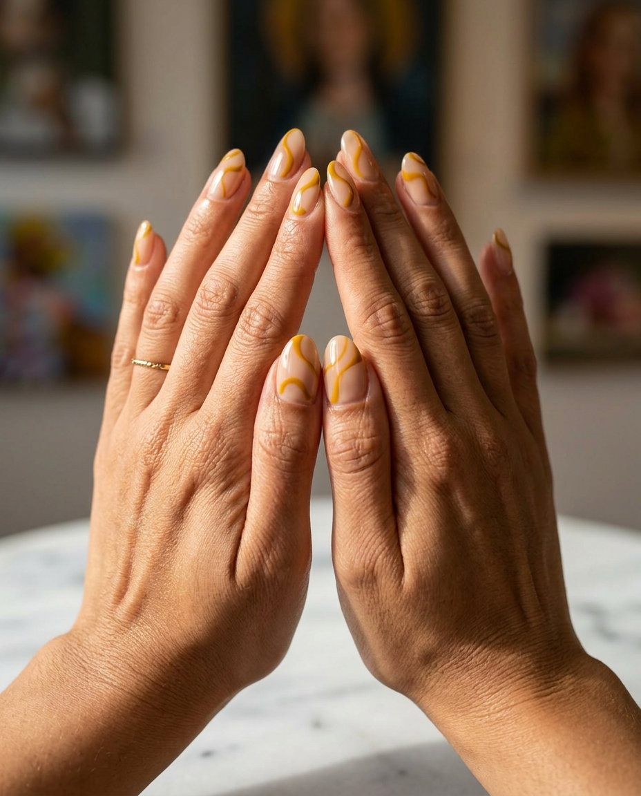 Mustard Yellow Swirl Nails 2026: Bohemian Vacation Style Mustard yellow swirls on medium oval nails, bohemian summer nails yellow 2026 for vacation.