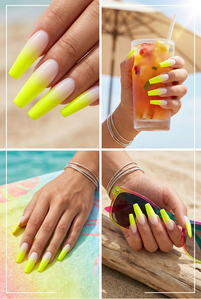 Neon Yellow Airbrush Fade Nails 2026: Festival Style Neon yellow airbrush fade nails for summer 2026 festival outfits. Bold, futuristic, energetic style.