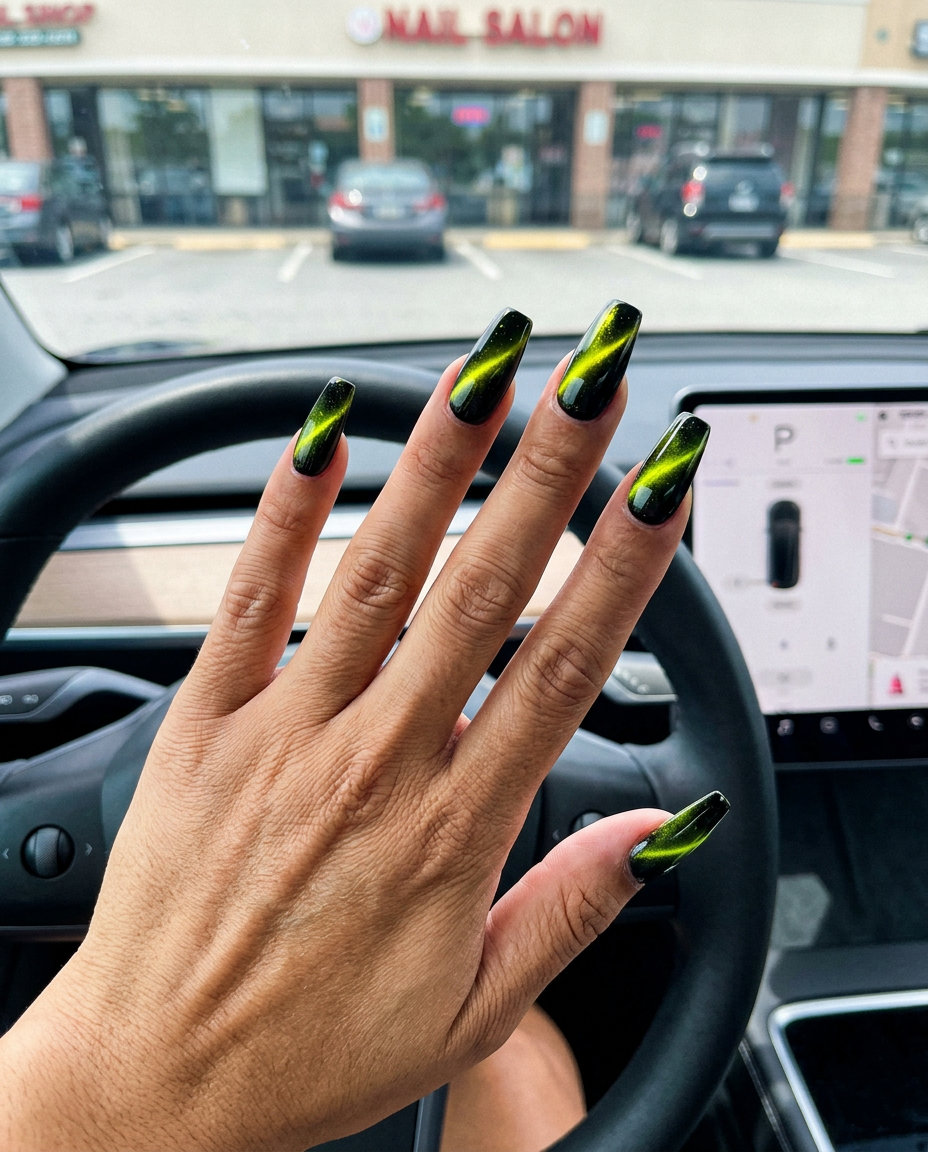 Neon Yellow Cat-Eye Nails 2026: Party & Night Out Style Neon yellow cat-eye coffin nails, a bold summer nails yellow 2026 trend for parties and night outs.