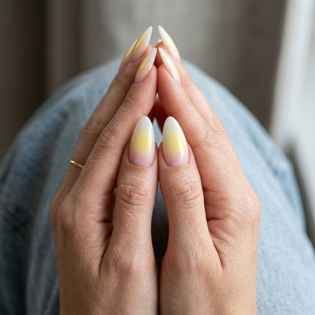 Pastel Yellow Aura Stiletto Nails 2026: Ethereal Festival Look Pastel yellow aura dream stiletto nails, ethereal summer nails yellow 2026 for festivals.