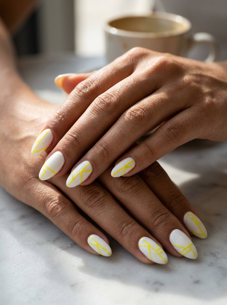 Sharp Lemon Yellow Lines Almond Nails 2026 Sharp lemon zest yellow lines on white almond nails for work or daily wear, a minimalist summer nails yellow 2026 style.