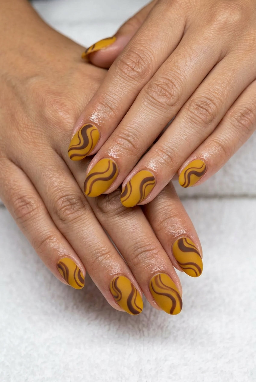 Mustard Yellow Velvet Swirls 2026 Mustard yellow velvet swirls oval nails for a casual weekend or artistic event, showcasing edgy summer nails yellow 2026.