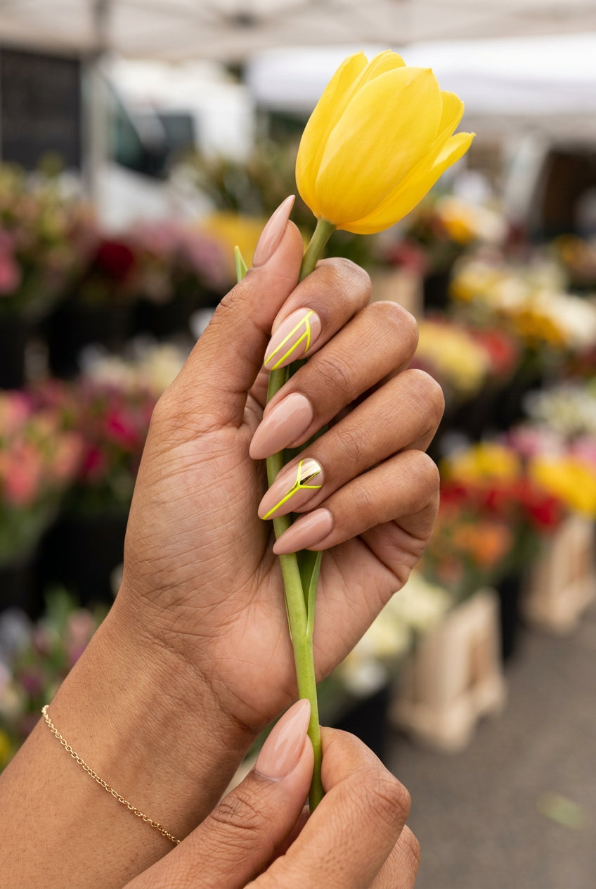 Neon Yellow Chrome Geometry Stilettos 2026 Neon yellow chrome geometry on nude stiletto nails for a festival or night out, a futuristic summer nails yellow 2026 trend.