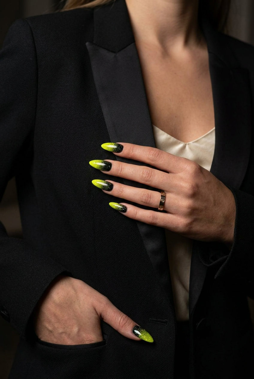 Neon Yellow Glitter Stiletto Nails 2026 Neon yellow glitter ombre stiletto nails for a party or night out, part of summer nails yellow 2026 trends.