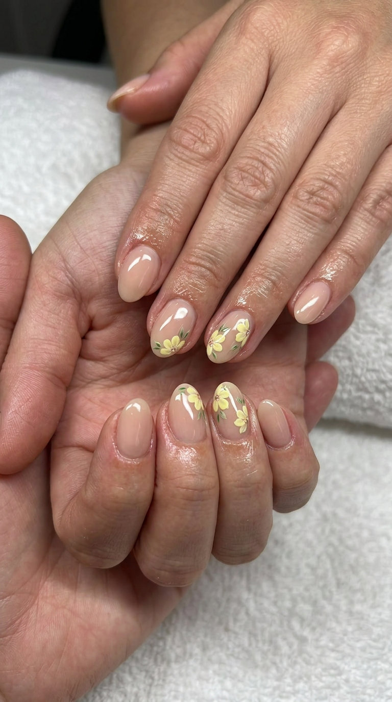 Pastel Floral Yellow Almond Nails 2026 Pastel floral decals on short almond nails with a sheer nude base for vacation, a dreamy summer nails yellow 2026 idea.