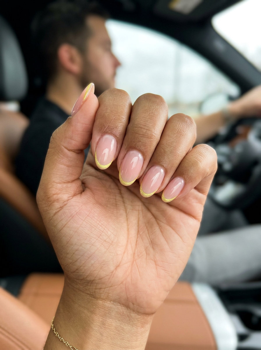 Shimmering Lemon Zest French Tips 2026 Shimmering lemon zest french tips on oval nails for date night, a romantic summer nails yellow 2026 option.