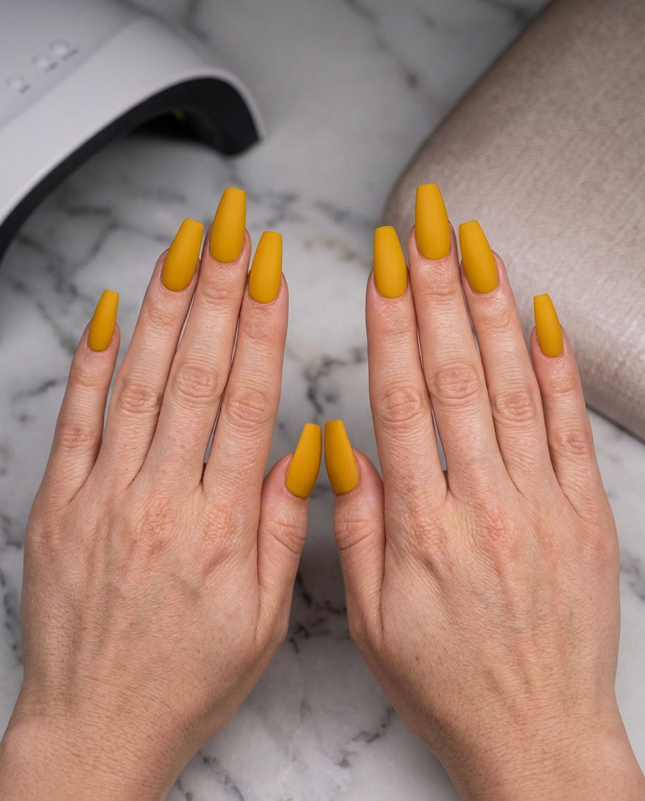Velvet Mustard Matte Coffin Nails 2026 Velvet mustard matte long coffin nails for daily wear or evening out, a sophisticated summer nails yellow 2026 option.