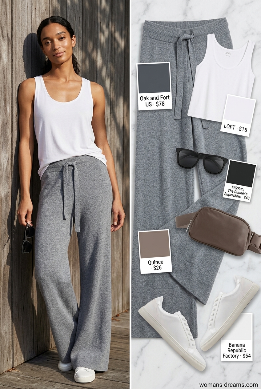 Athleisure Comfort: Light grey paperbag waist knit pants, matching tank, sneakers. Summer Paperbag Waist Pants Outfits 2026.
