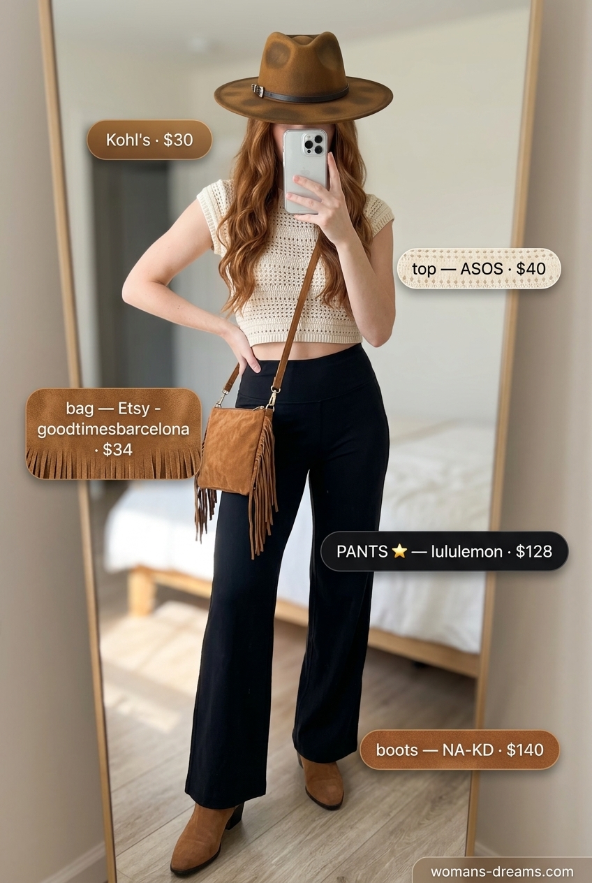 Summer paperbag waist pants outfits 2026: Multicolor print pants, crochet top, suede boots for festival.