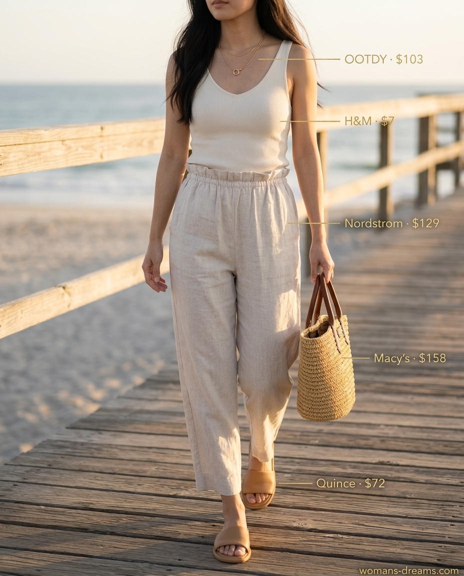 Summer paperbag waist pants outfits 2026: Natural beige linen pants, cream tank, straw tote for beach day.