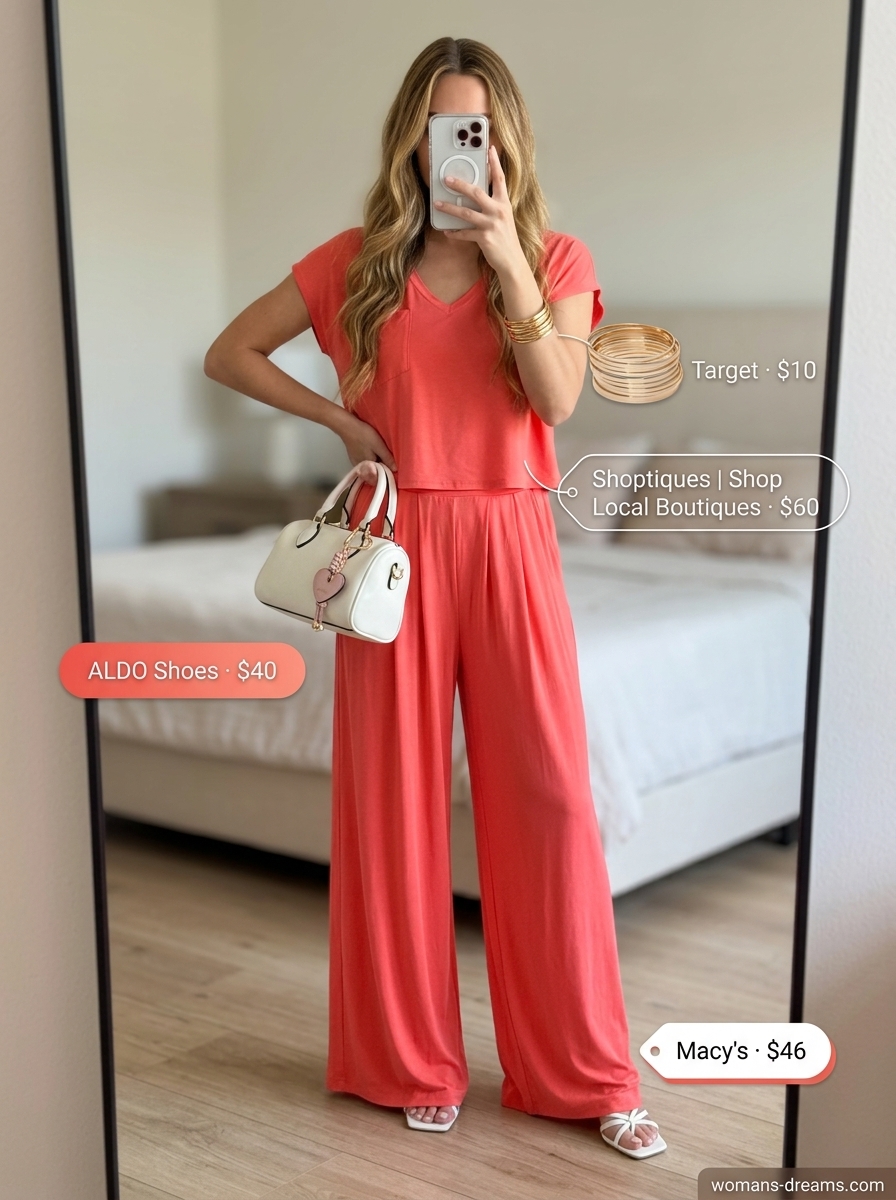 Chic Co-ord Set: Coral paperbag waist pants, matching blouse, heeled sandals. Summer Paperbag Waist Pants Outfits 2026.