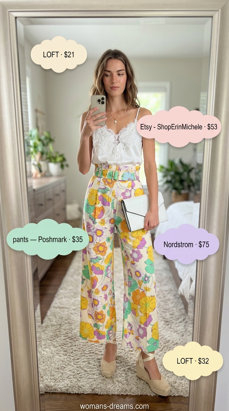 Garden Party Chic: Pastel floral paperbag waist pants, white camisole, espadrilles. Summer Paperbag Waist Pants Outfits 2026.