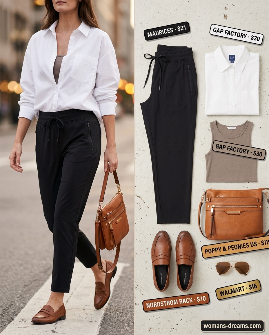 Khaki shorts with white button-down shirt, loafers, and aviators for summer paperbag waist pants outfits 2026.
