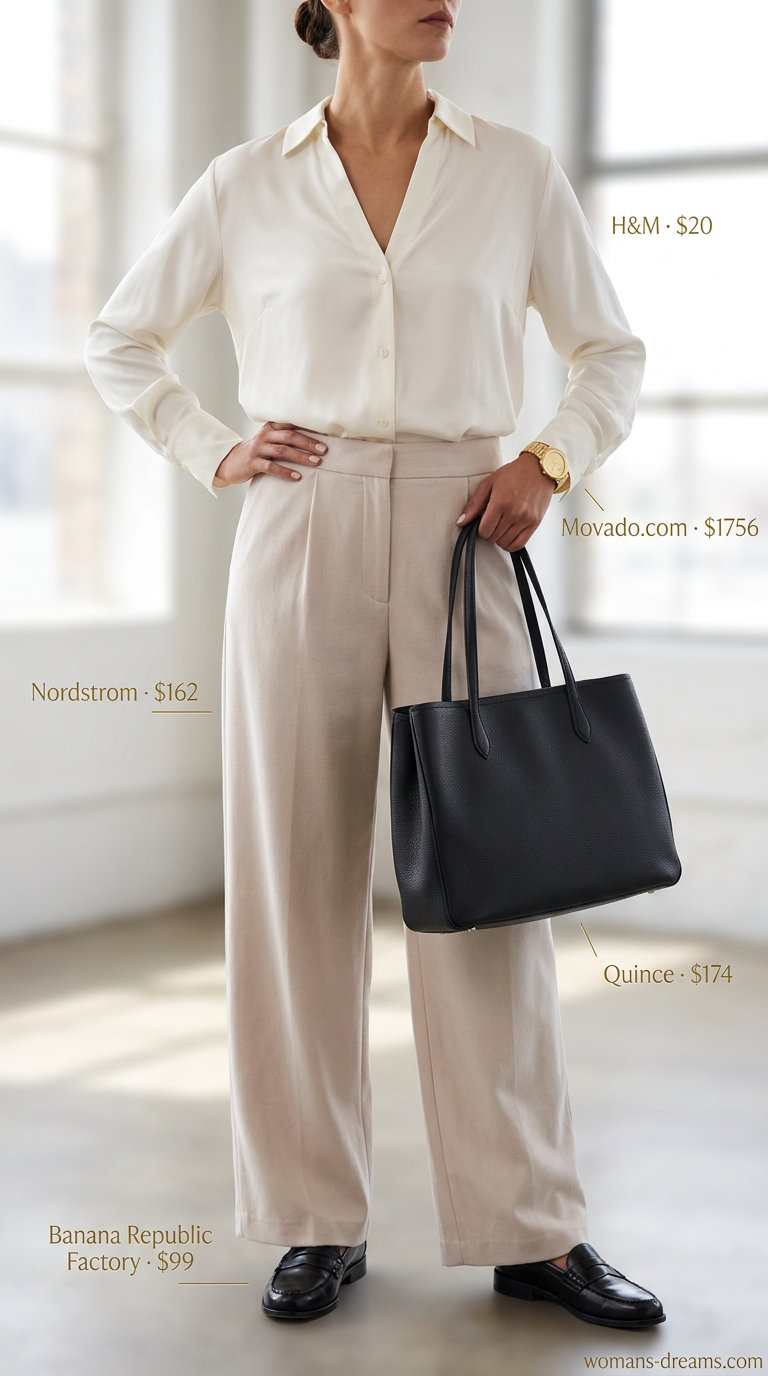 Summer paperbag waist pants outfits 2026: Taupe trousers, cream blouse for office chic.