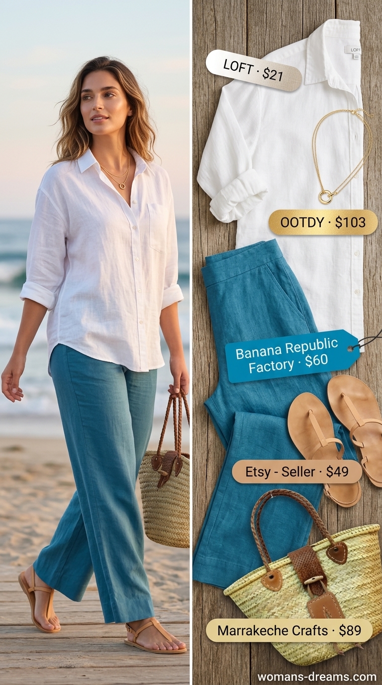Ocean blue paperbag waist pants with white linen shirt and sandals for summer paperbag waist pants outfits 2026.