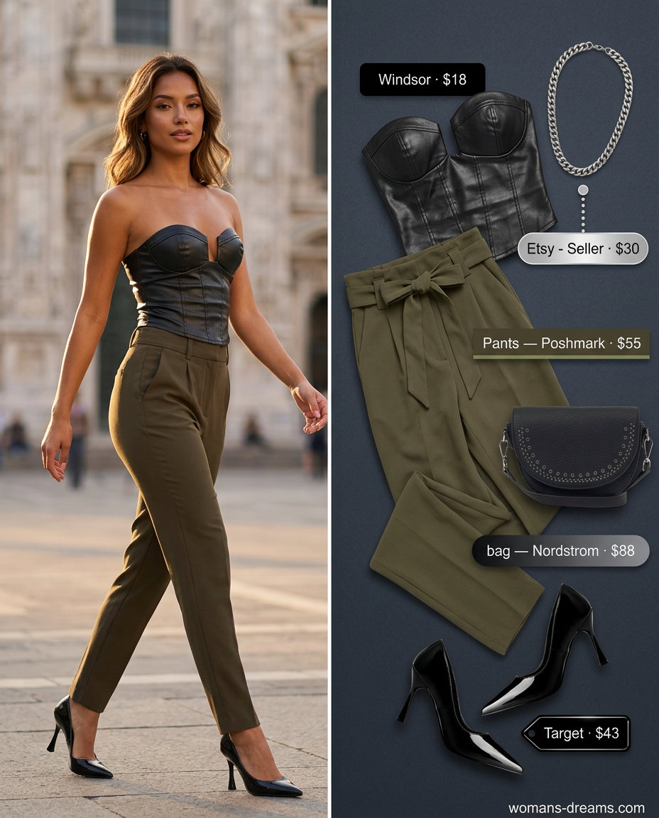 Olive green paperbag waist pants with black corset top and stilettos for summer paperbag waist pants outfits 2026.