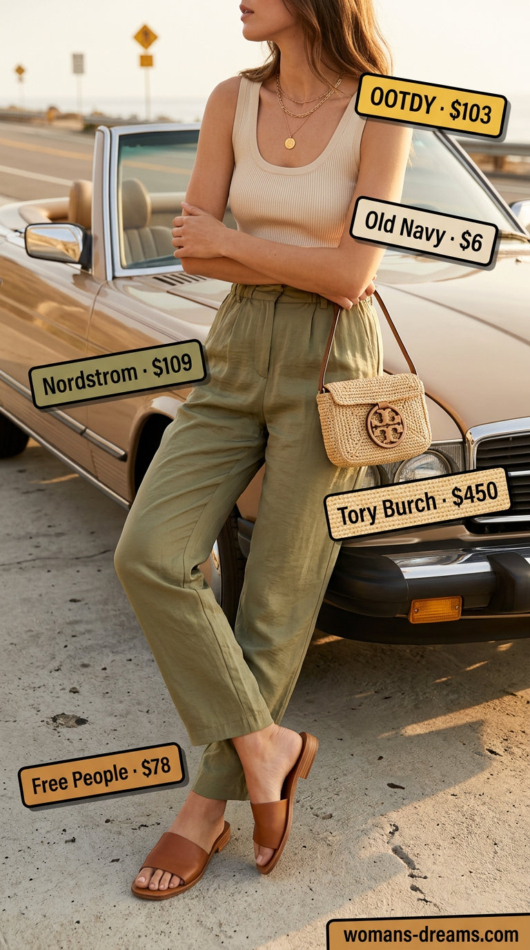 Summer paperbag waist pants outfits 2026: Sage green linen pants, cream tank, straw crossbody for casual day.
