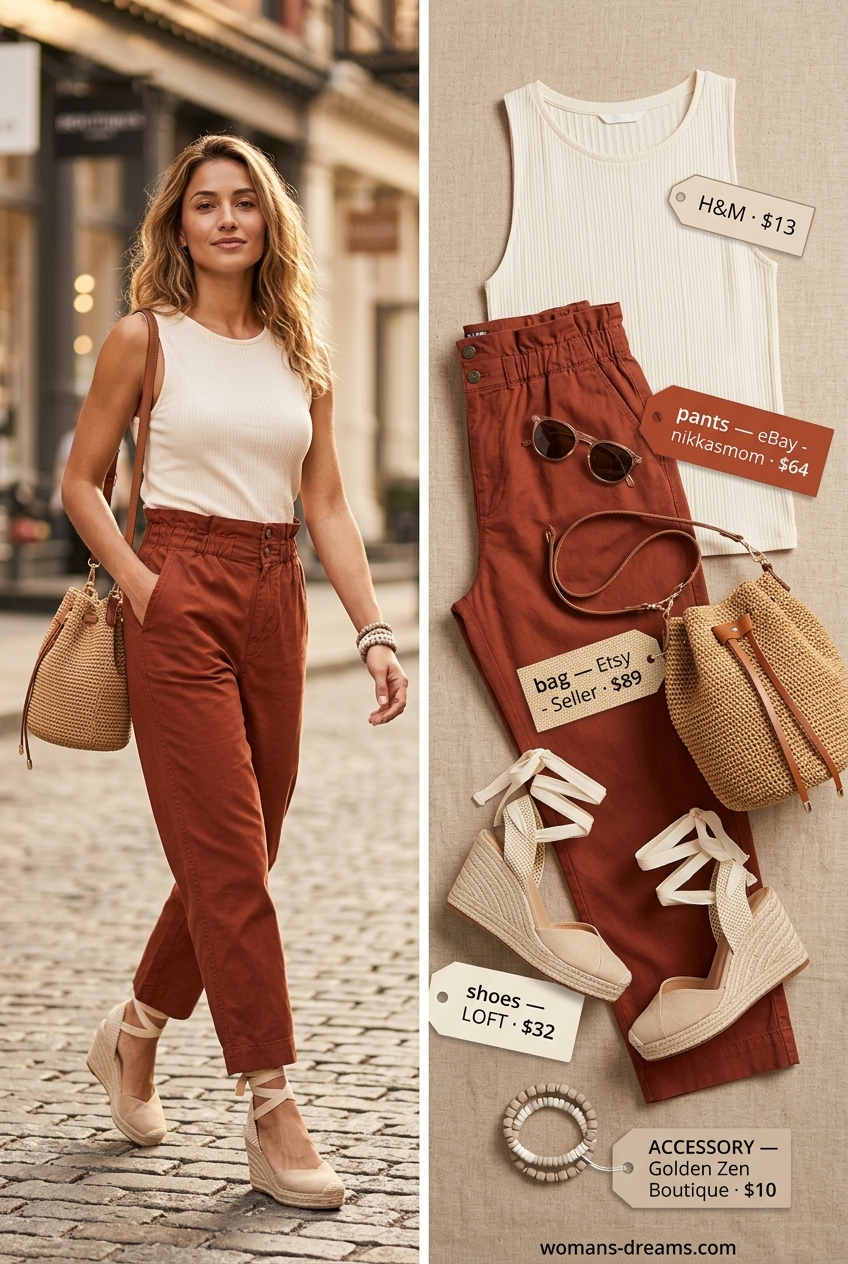 Terracotta paperbag waist pants with cream knit top and espadrilles for summer paperbag waist pants outfits 2026.