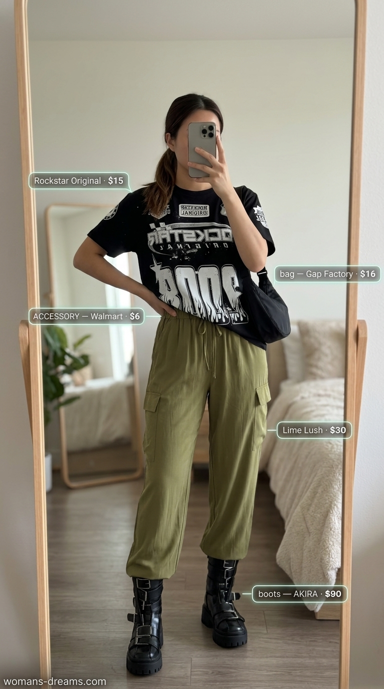 Urban Explorer: Olive green paperbag waist pants, graphic tee, combat boots. Summer Paperbag Waist Pants Outfits 2026.