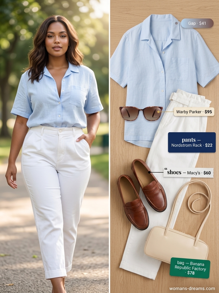 White paperbag waist pants with pastel blue shirt, loafers, and top-handle bag for summer paperbag waist pants outfits 2026.