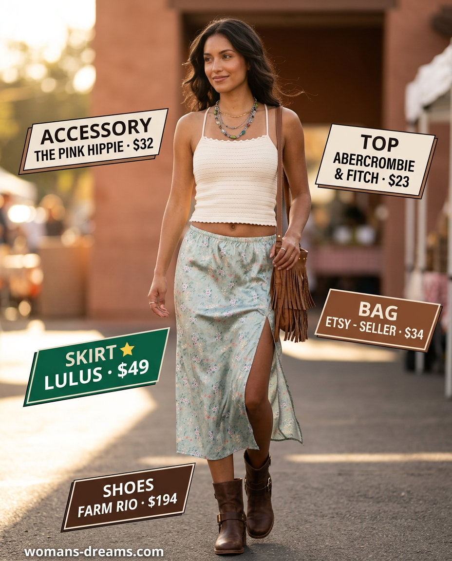 Multi-color floral satin skirt outfit for women 2026, bohemian style for festivals and markets. Free-spirited and artistic.