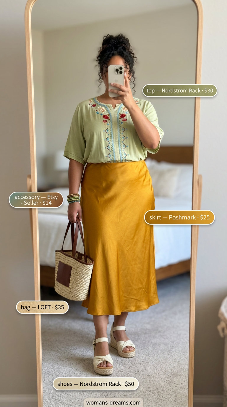 Mustard yellow satin skirt outfit for women 2026, perfect for summer festivals and brunch. Earthy tones with peasant blouse.