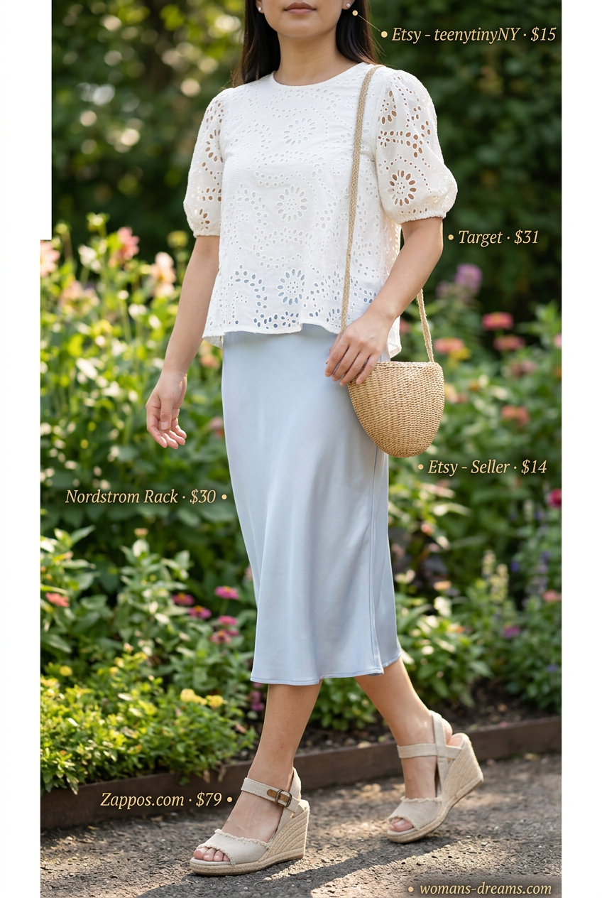 Pastel blue satin midi skirt outfit for women 2026, perfect for garden parties and summer weddings. Feminine and charming.