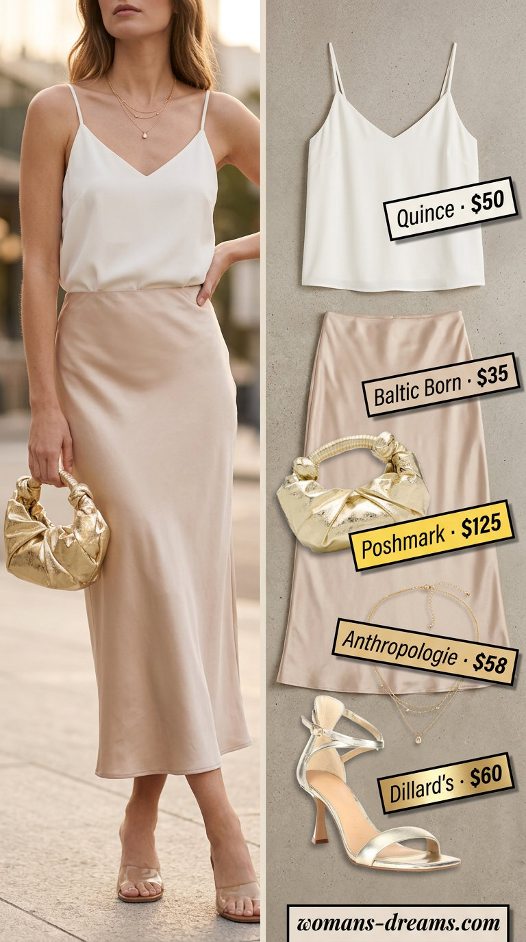 Champagne satin midi skirt outfit for women 2026, elegant for summer evenings and cocktail hour. Luxe and sophisticated.