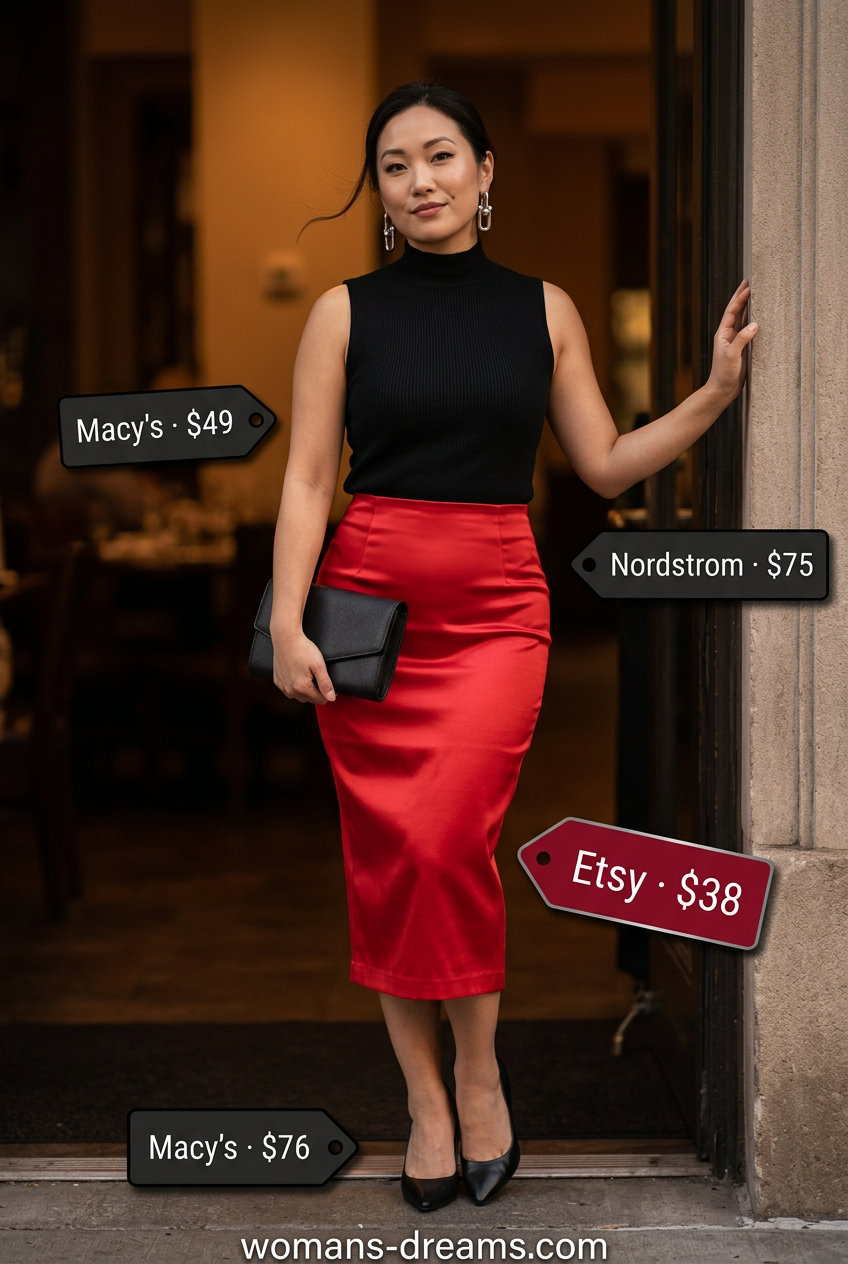 Red satin pencil skirt outfit for women 2026, sophisticated for evening events and cocktail hour. Confident and bold.