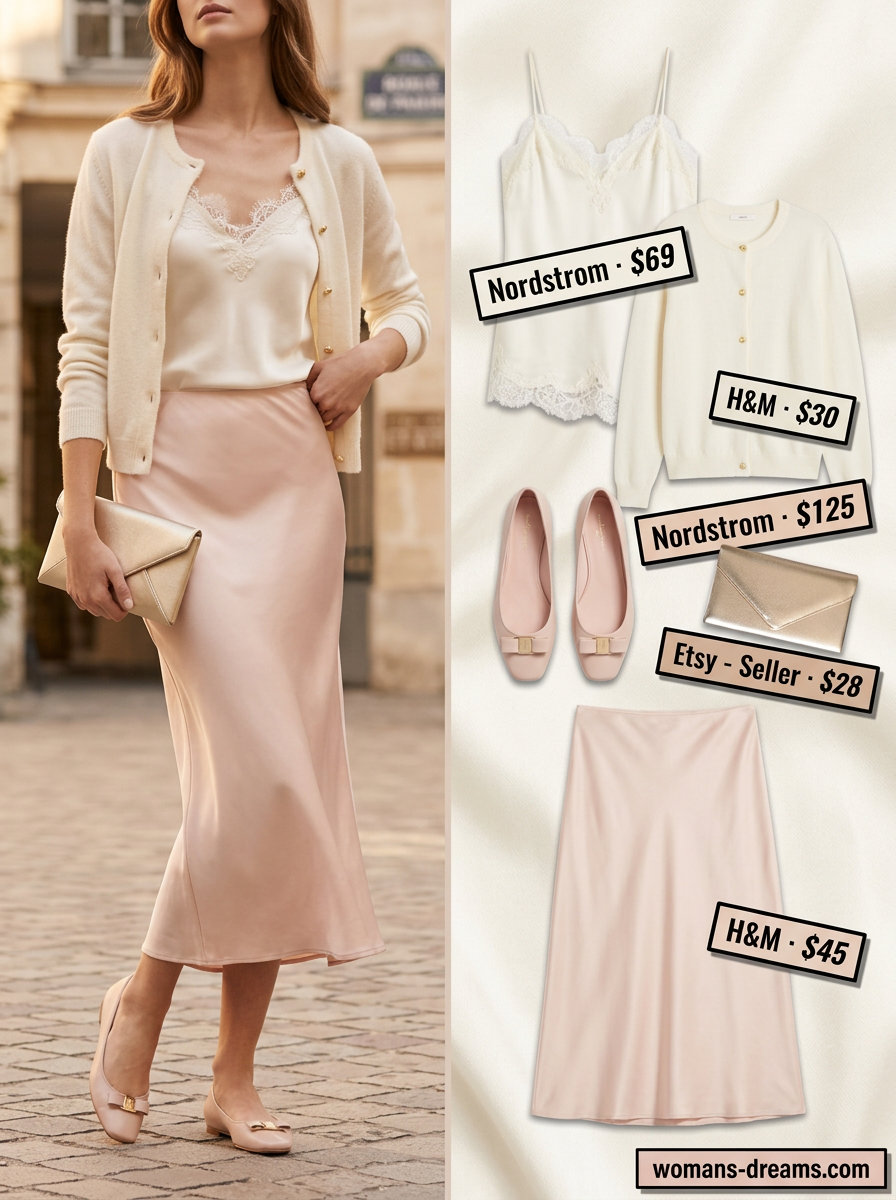 Blush pink satin slip skirt outfit for women 2026, perfect for romantic dinners and special occasions. Feminine and soft.