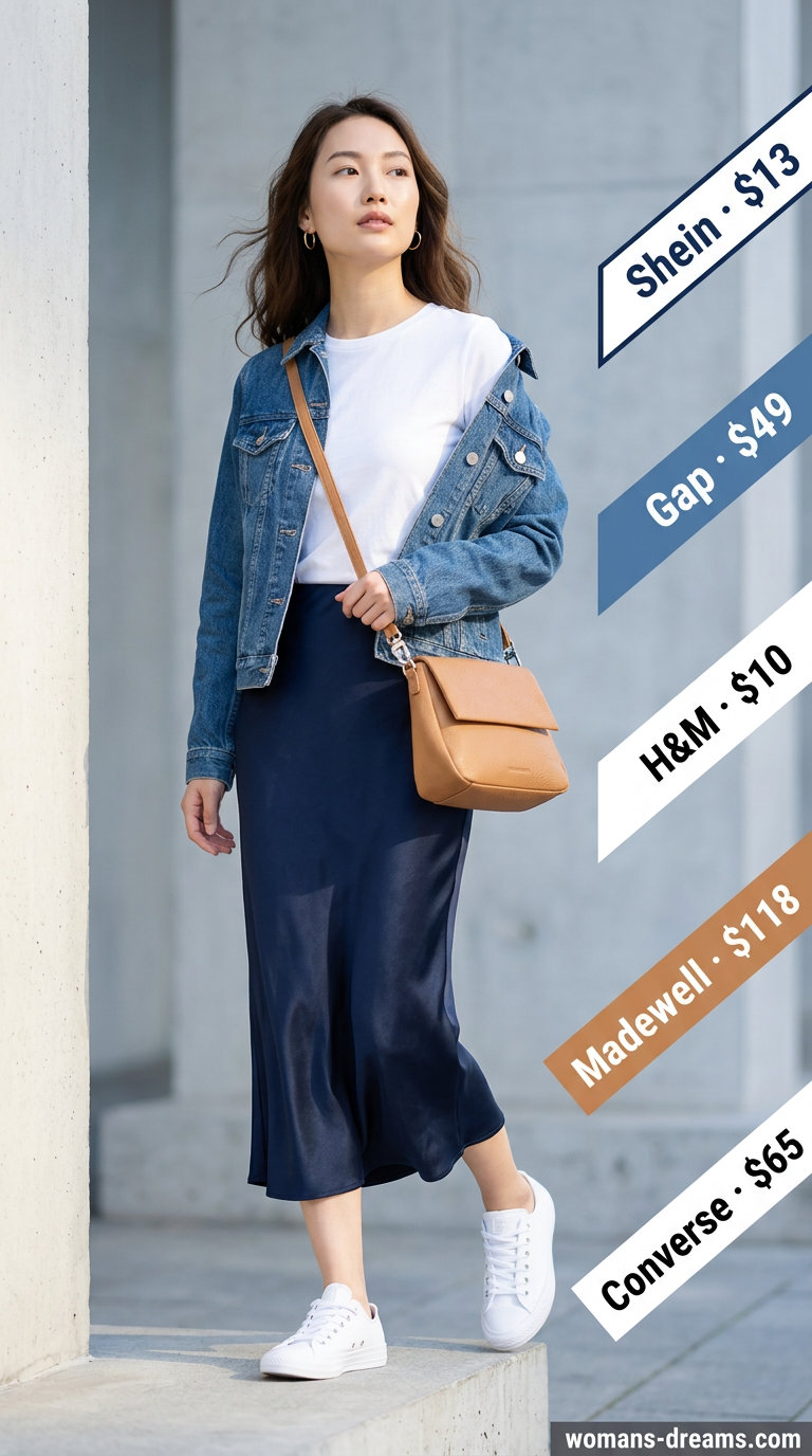Navy blue satin midi skirt outfit for women 2026, perfect for weekend getaways and casual days. Effortlessly cool.