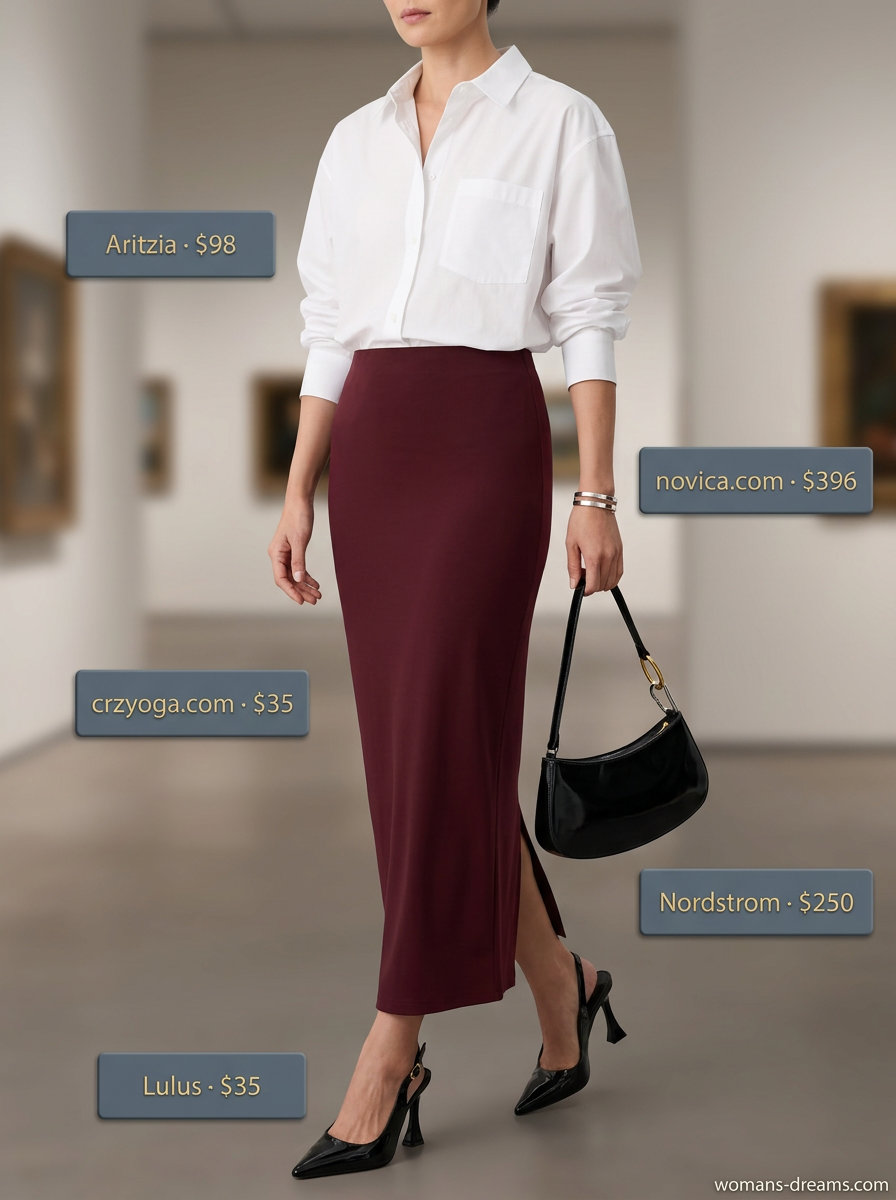 Black satin pencil skirt outfit for city lunch with white oversized shirt and slingbacks. Summer Satin Skirt Outfits for Women 2026.