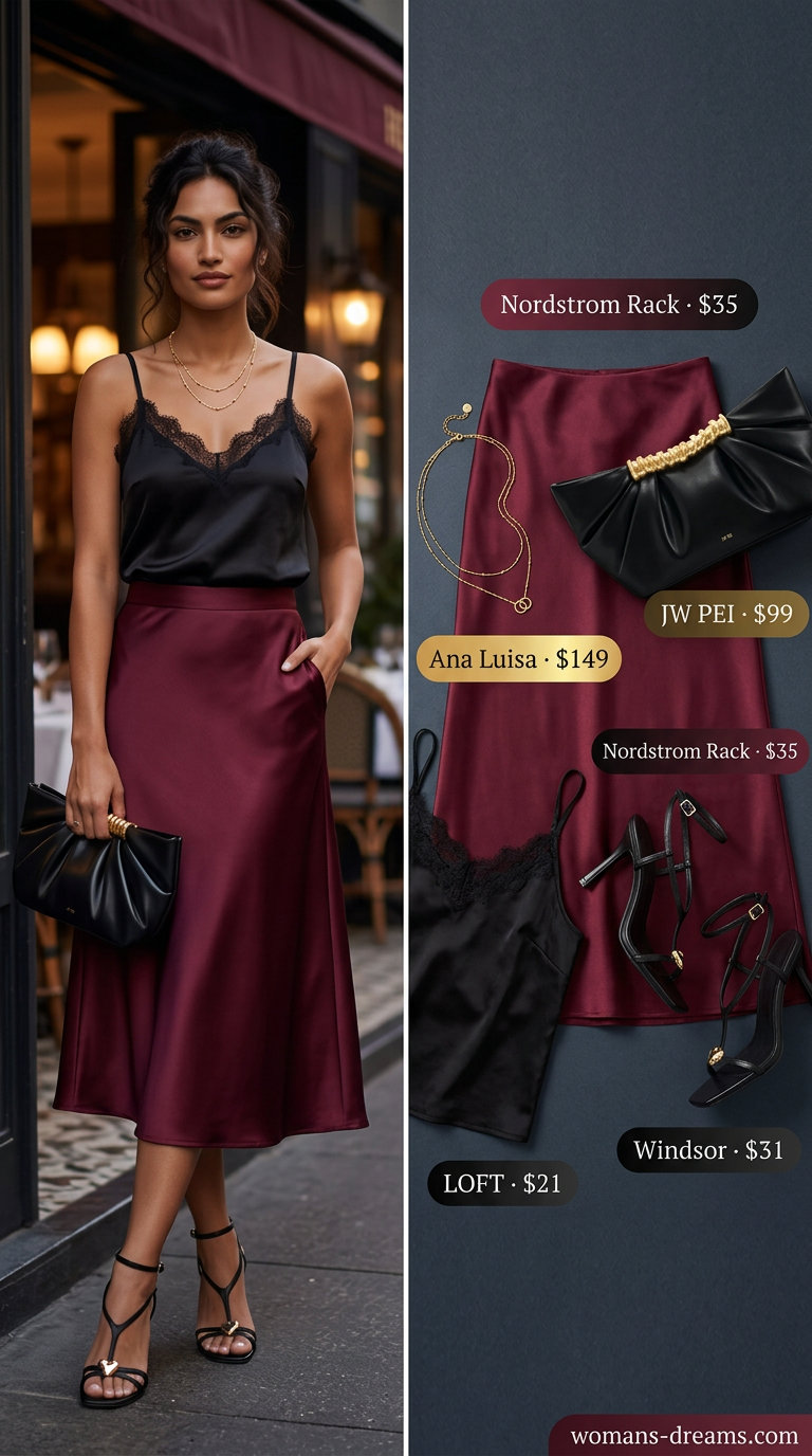 Burgundy satin midi skirt outfit for date night with black lace cami and gold jewelry. Summer Satin Skirt Outfits for Women 2026.