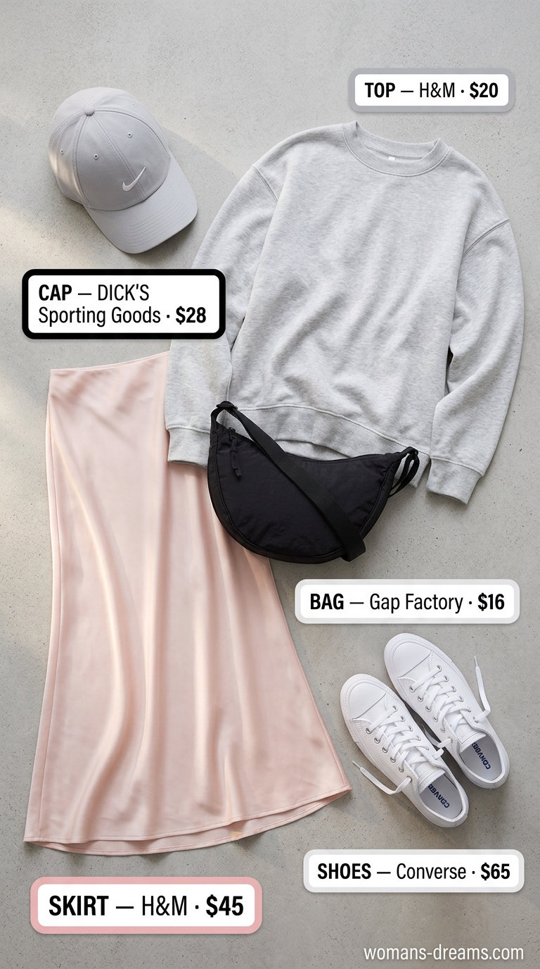 Pastel pink satin midi skirt with grey sweatshirt & sneakers for a casual weekend summer satin skirt outfit 2026.