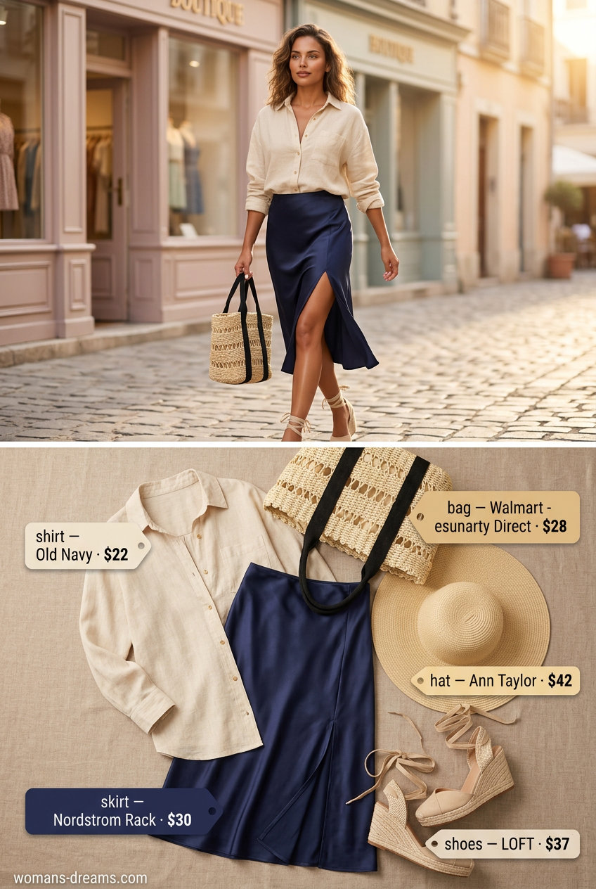 Sky blue satin midi skirt with oversized linen shirt & espadrilles for a coastal summer satin skirt outfit 2026.