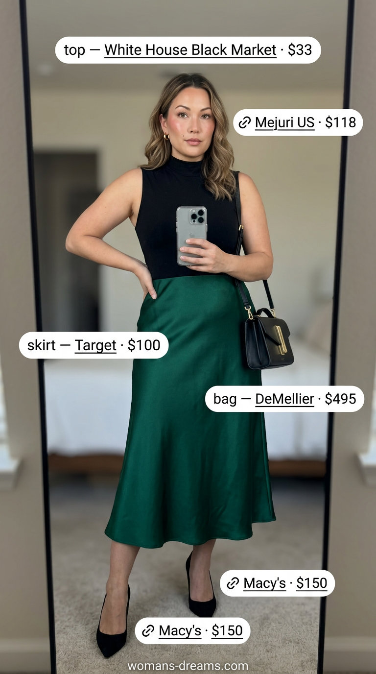 Emerald green satin midi skirt outfit for a summer soiree with black mock neck top and gold hoops. Summer Satin Skirt Outfits for Women 2026.