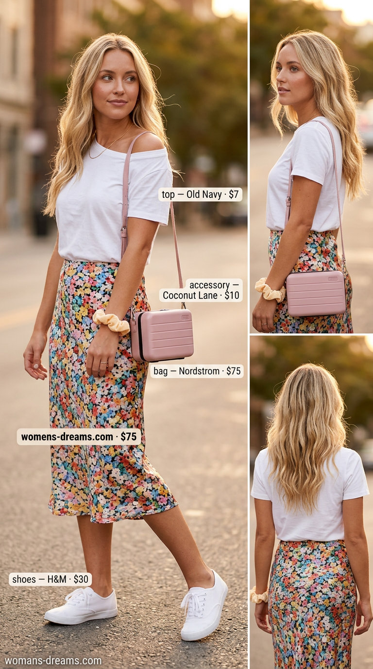 Floral satin mini skirt outfit for a picnic with white t-shirt and canvas bag. Summer Satin Skirt Outfits for Women 2026.