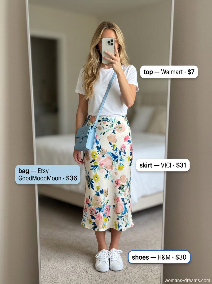 Floral satin midi skirt outfit for weekend brunch with white t-shirt and sneakers. Summer Satin Skirt Outfits for Women 2026.