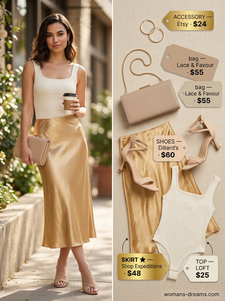 Gold satin midi skirt with cream bodysuit & heeled sandals for a glamorous summer satin skirt cocktail outfit 2026.