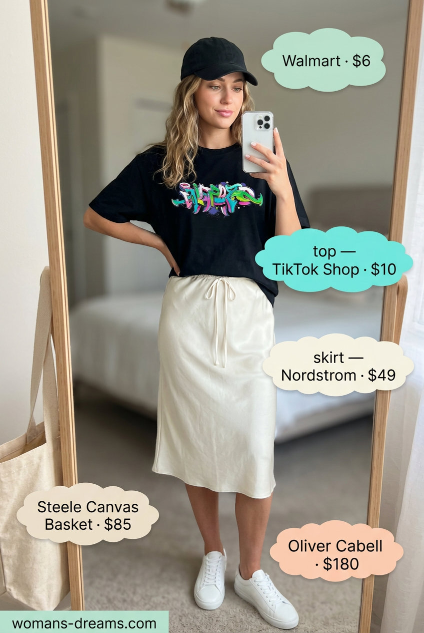 Ivory satin midi skirt outfit for casual weekend with graphic tee and sneakers. Summer Satin Skirt Outfits for Women 2026.