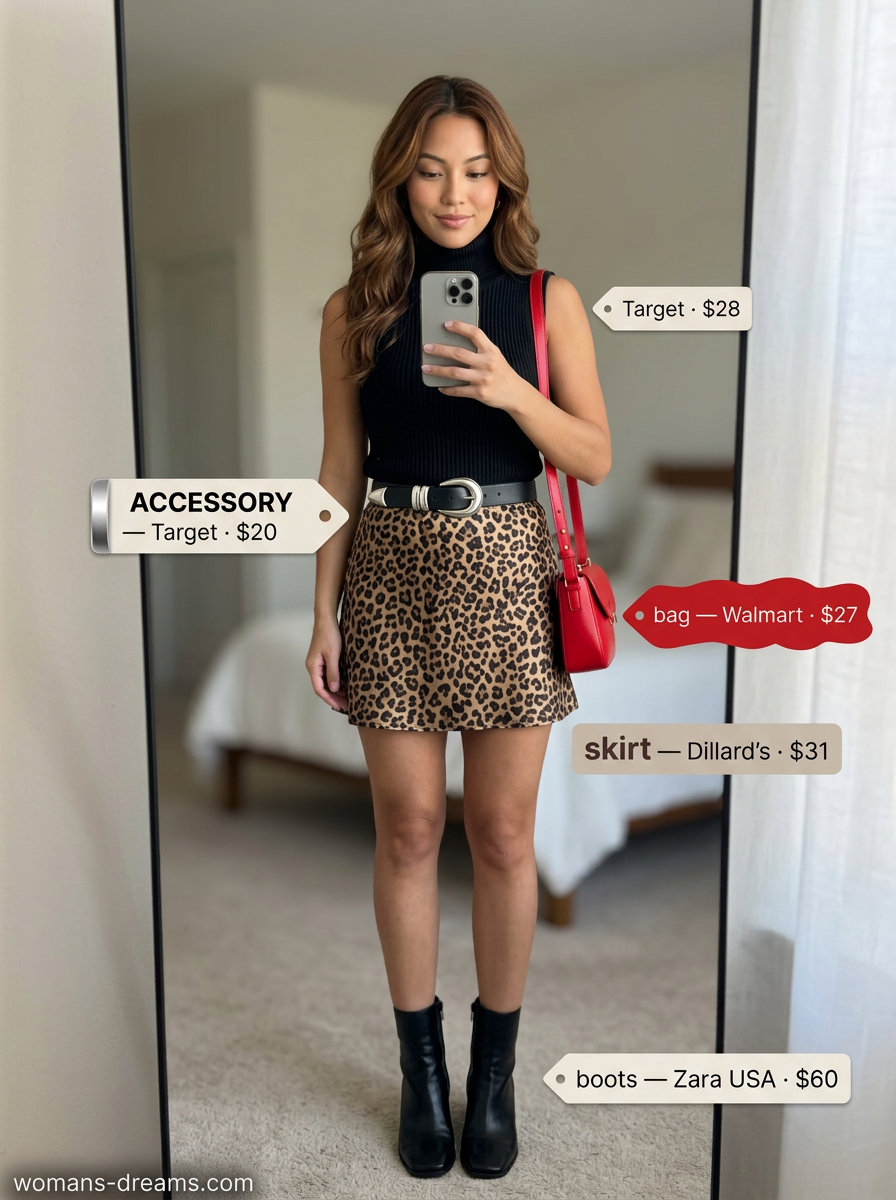 Leopard print satin mini skirt outfit for a night out with black turtleneck and ankle boots. Summer Satin Skirt Outfits for Women 2026.