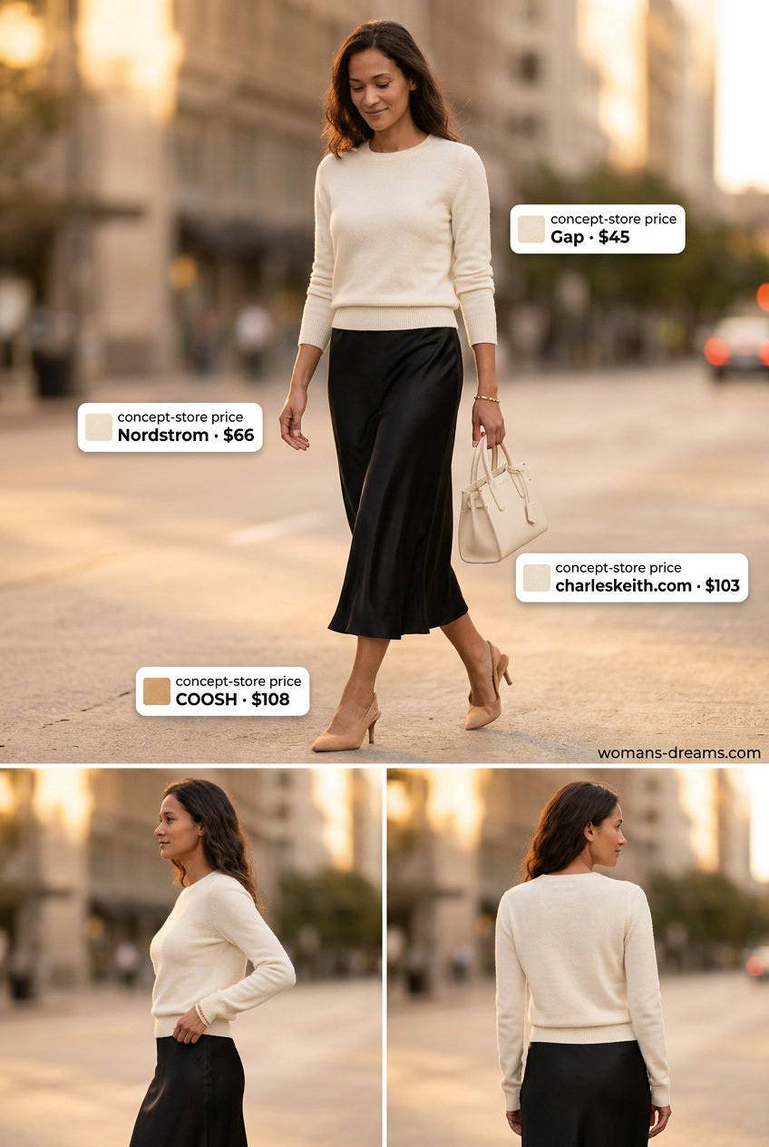 Cream satin midi skirt with fine knit sweater & slingbacks for a chic business casual summer satin skirt outfit 2026.