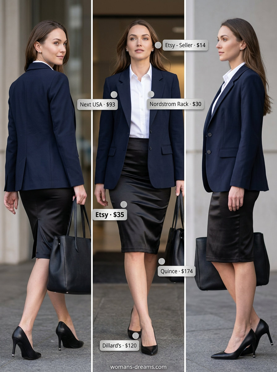 Navy satin pencil skirt with white button-down & blazer for professional office summer satin skirt outfit 2026.