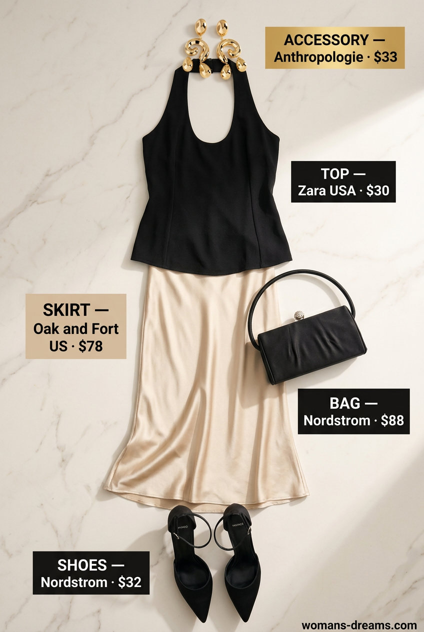 Champagne satin midi skirt with black halter top & gold earrings for a glamorous retro summer satin skirt outfit 2026.