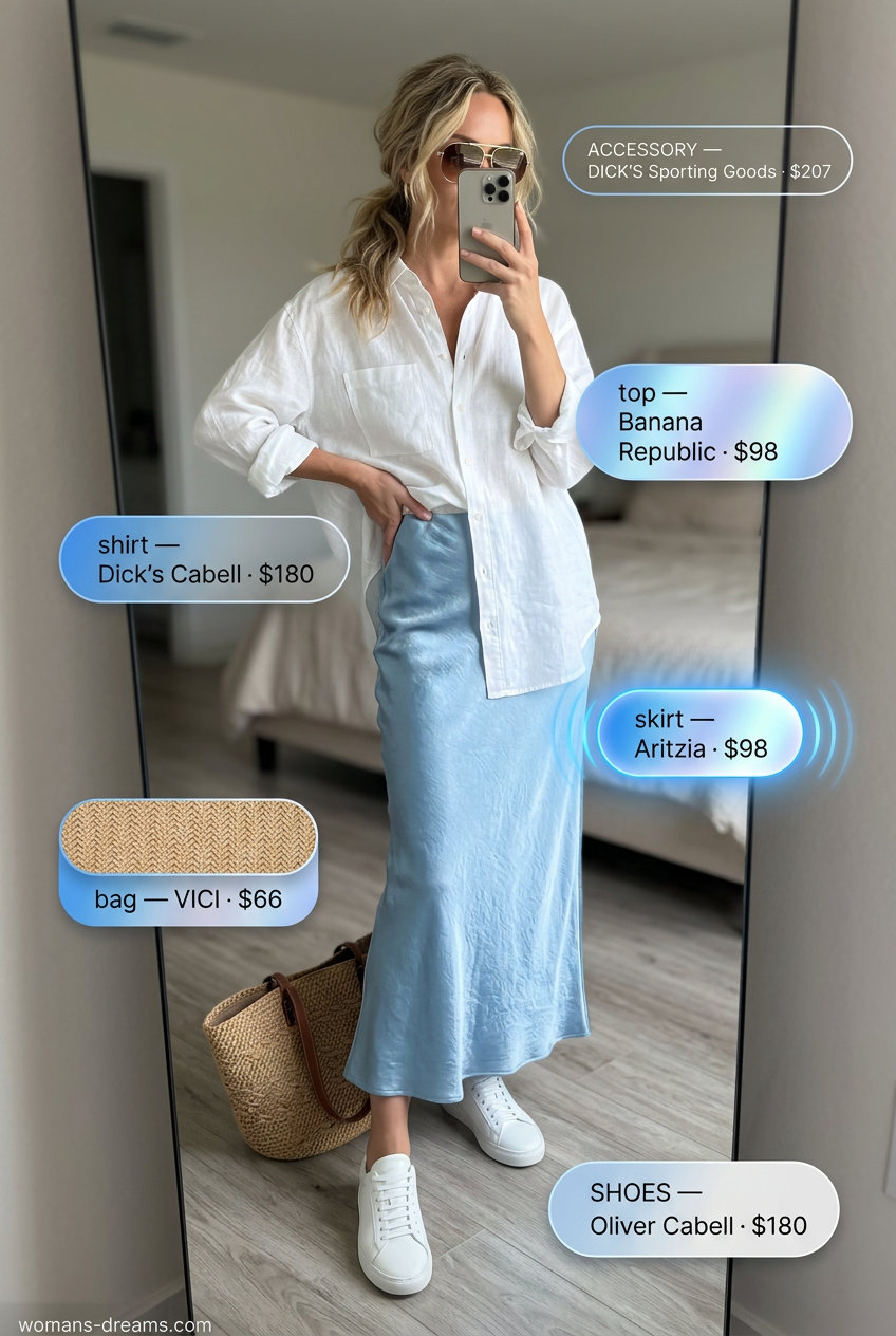 Sky blue satin slip skirt outfit for beachside lunch with oversized white linen shirt. Summer Satin Skirt Outfits for Women 2026.