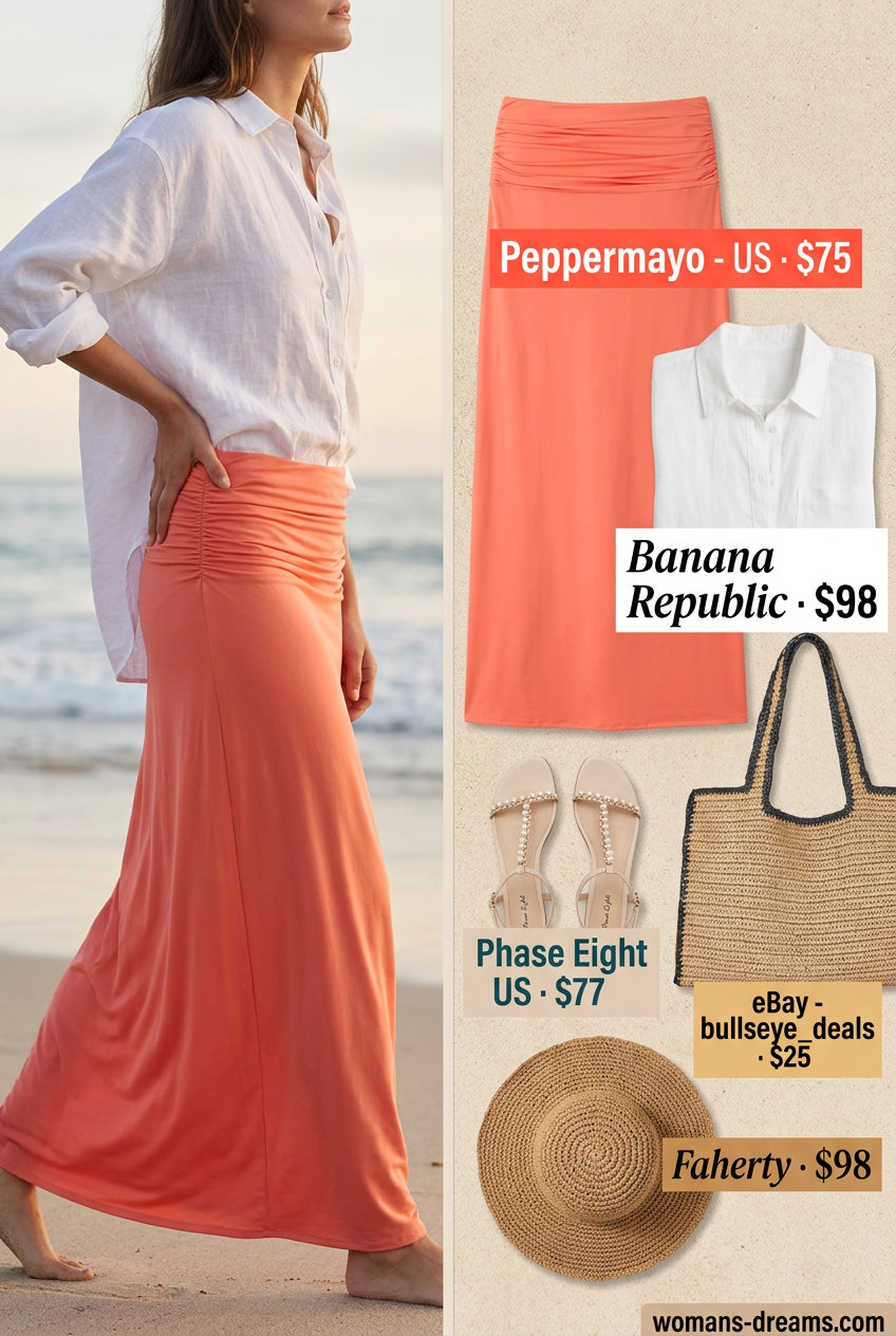 Coral satin maxi skirt with linen shirt & flat sandals for a relaxed beach resort summer satin skirt outfit 2026.
