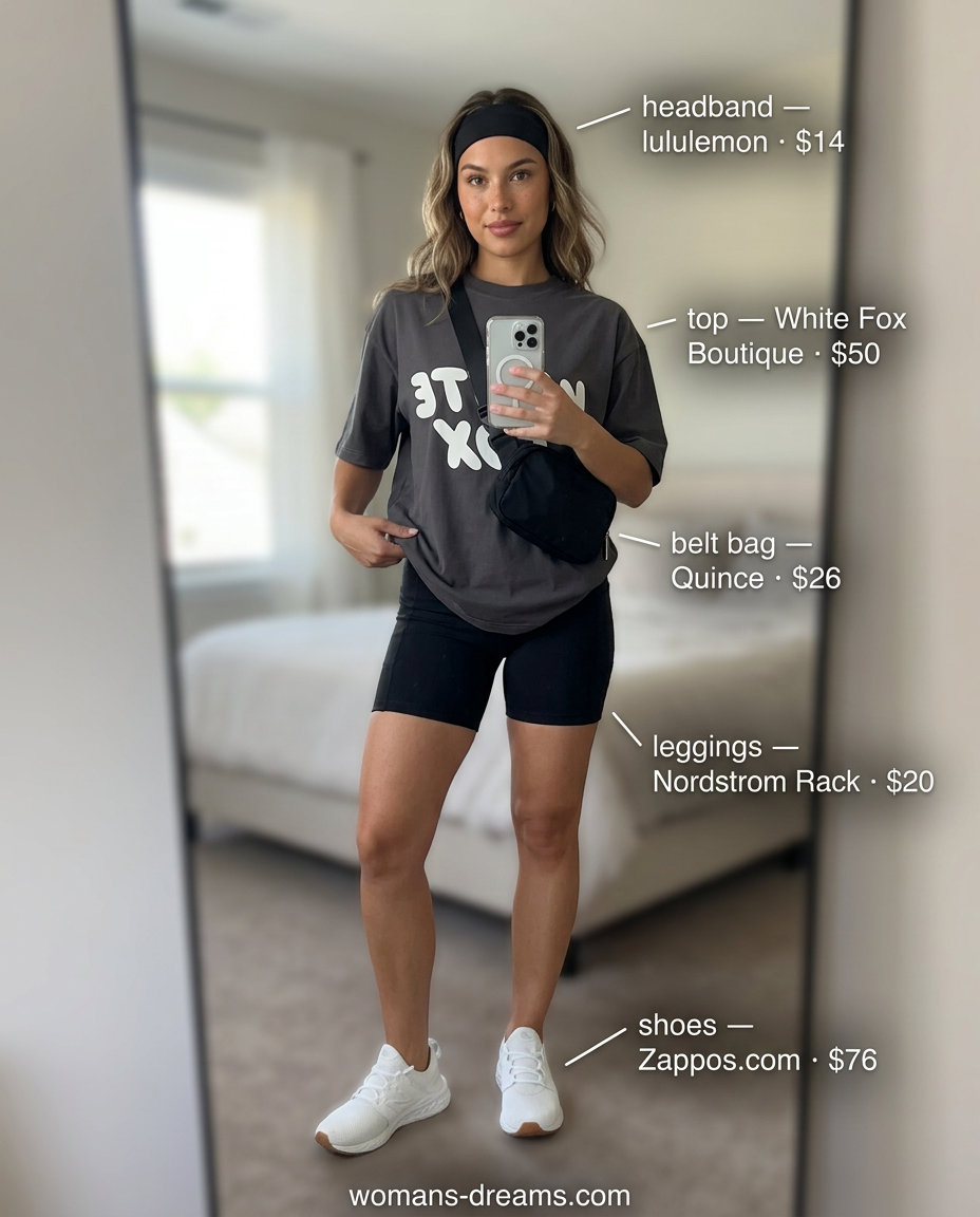 Summer Tomboy Outfits for Women 2026: Sporty look with biker shorts, graphic tee, and belt bag.