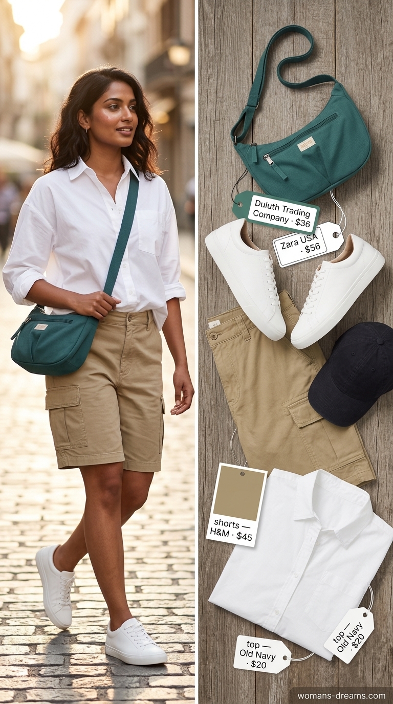 Urban explorer tomboy summer outfit for women 2026: cargo shorts, oversized shirt, sneakers, and cap.
